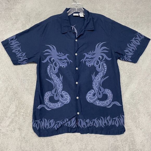 Utility Shirt Mens Medium Blue Dragon Camp Button Up‎ Cotton Short Sleeve Casual - Picture 1 of 6